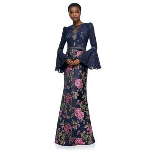 TADASHI Shoji 8 Navy Floral Lace Brocade Illusion Maxi Gown Dress Bell Sleeves